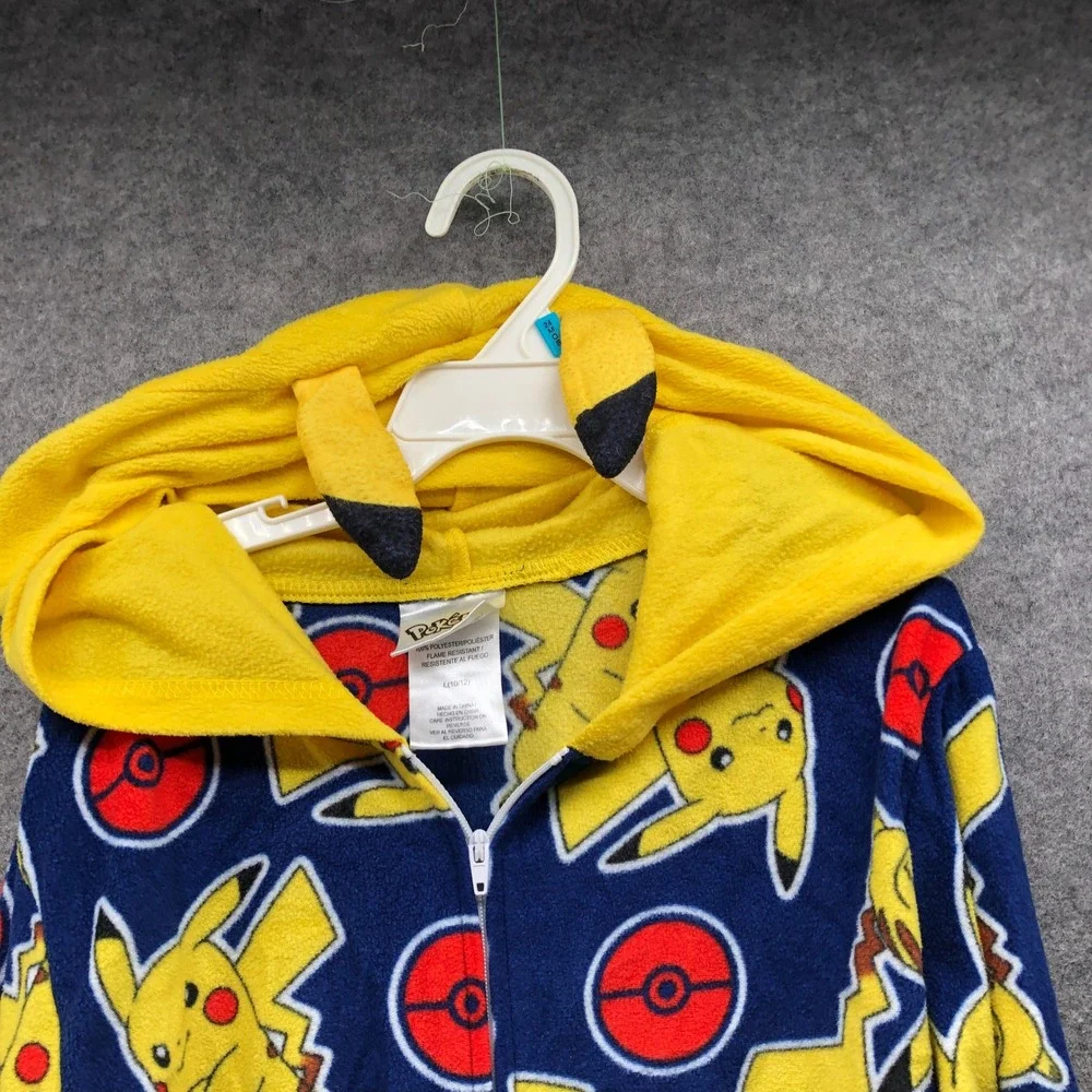 Pokemon Pikachu Onesie Pajamas Hooded Union Suit Fleece Sleeper Kids L 10-12